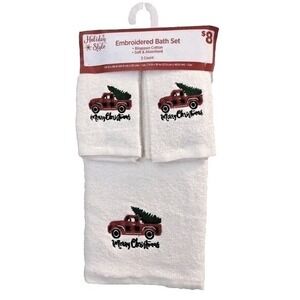 Set Of 3‎ Holiday Bath Set- Truck / Christmas Tree Christmas Scene 100% Cotton